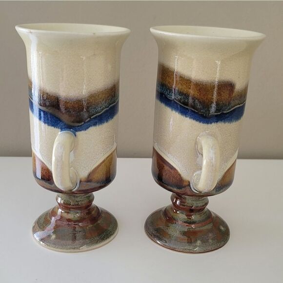 Vintage Otagiri Irish Coffee Mugs Pedestal Blue Beige Set of 2 1049 A - Picture 6 of 12